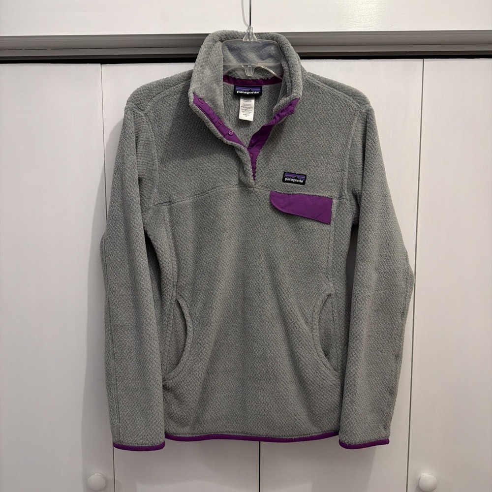 Patagonia Fleece Jacket Women's Sz M Re-Tool Snap-T Pullover, Grey w/Ikat Purple